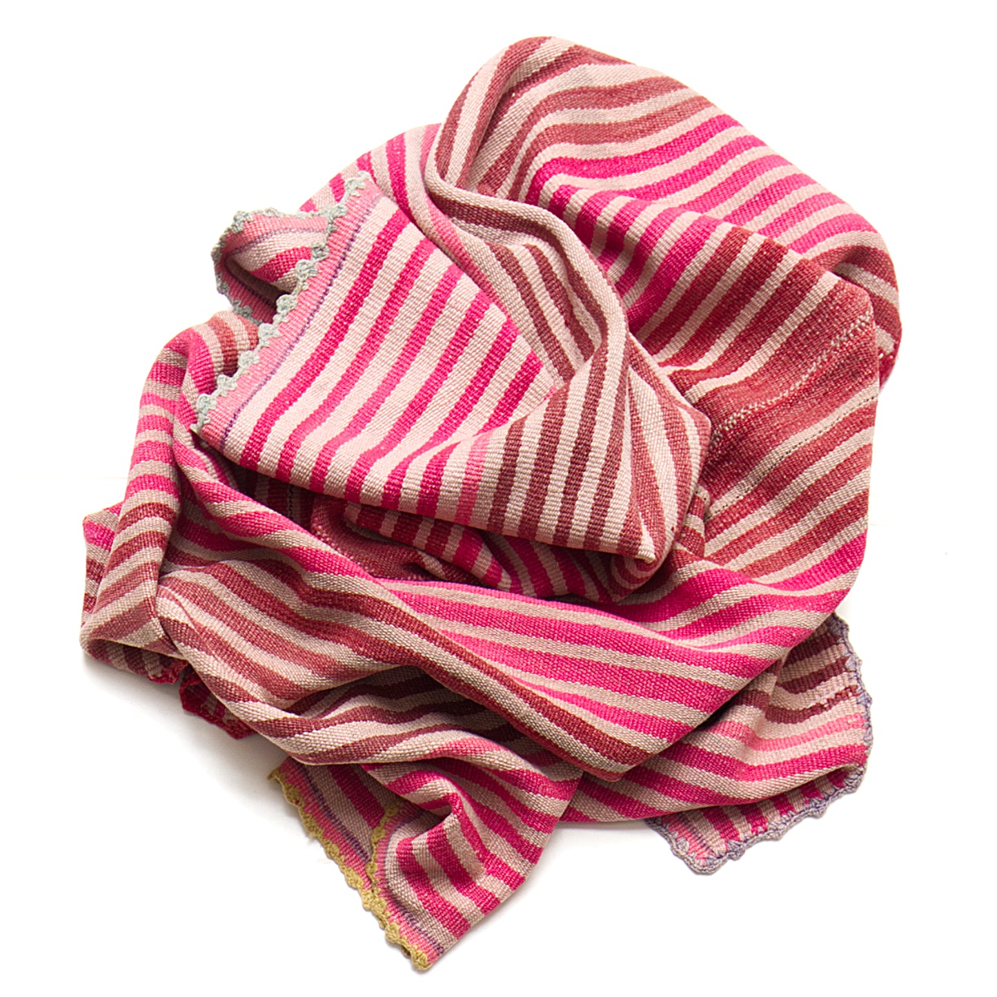 Intiearth vintage Peruvian Frazada textile with colorful geometric patterns and stripes. Traditional handwoven multipurpose textile from Peru, ideal for home décor, can be used as a blanket, rug, throw, or wall hanging. Made of handspun wool and crafted on a backstrap loom.