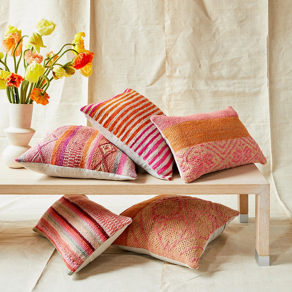 Intiearth Colorful decorative pillow made from handwoven Peruvian frazada, crafted with hand spun wool in a fair trade workshop