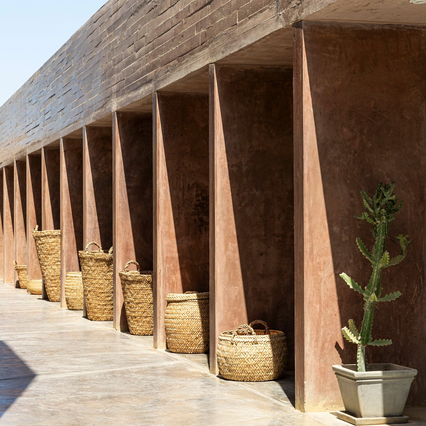 Row of wicker baskets against a stone wall with a cactus plant in the foreground.