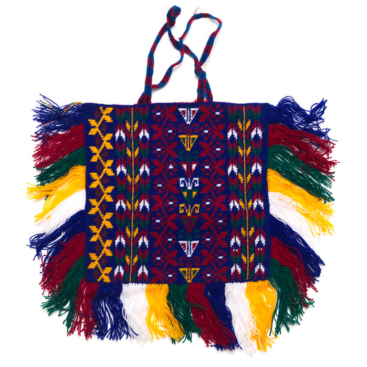 Colorful woven bag with fringes on a white background