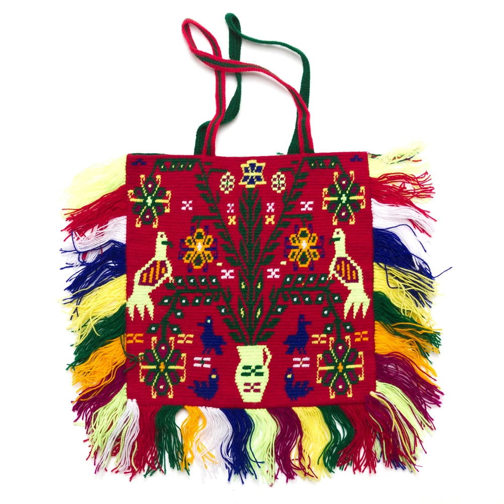 Colorful embroidered bag with fringes on a white background