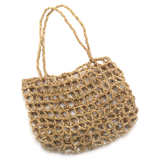 Intiearth Handwoven tote bag inspired by the ancient shicra style, made from natural fibers with an open weave pattern.
