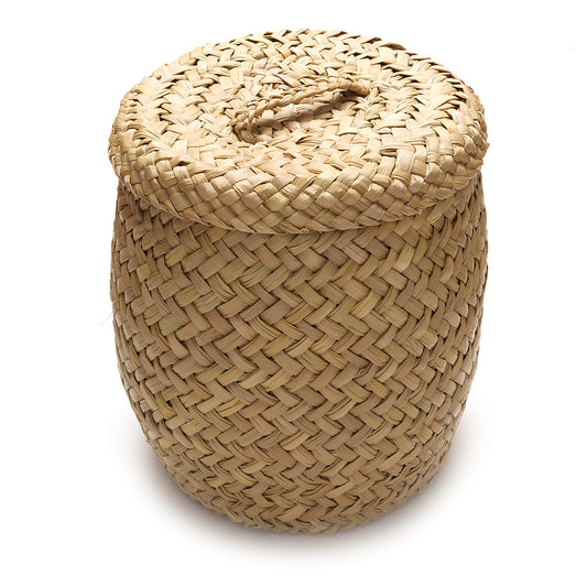 Woven basket with a lid on a white background