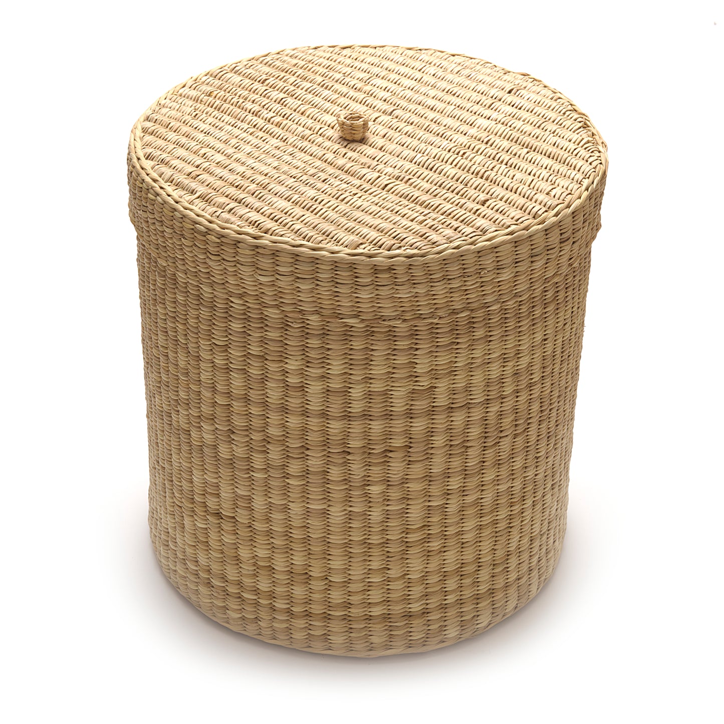 Round woven ottoman on a white background
