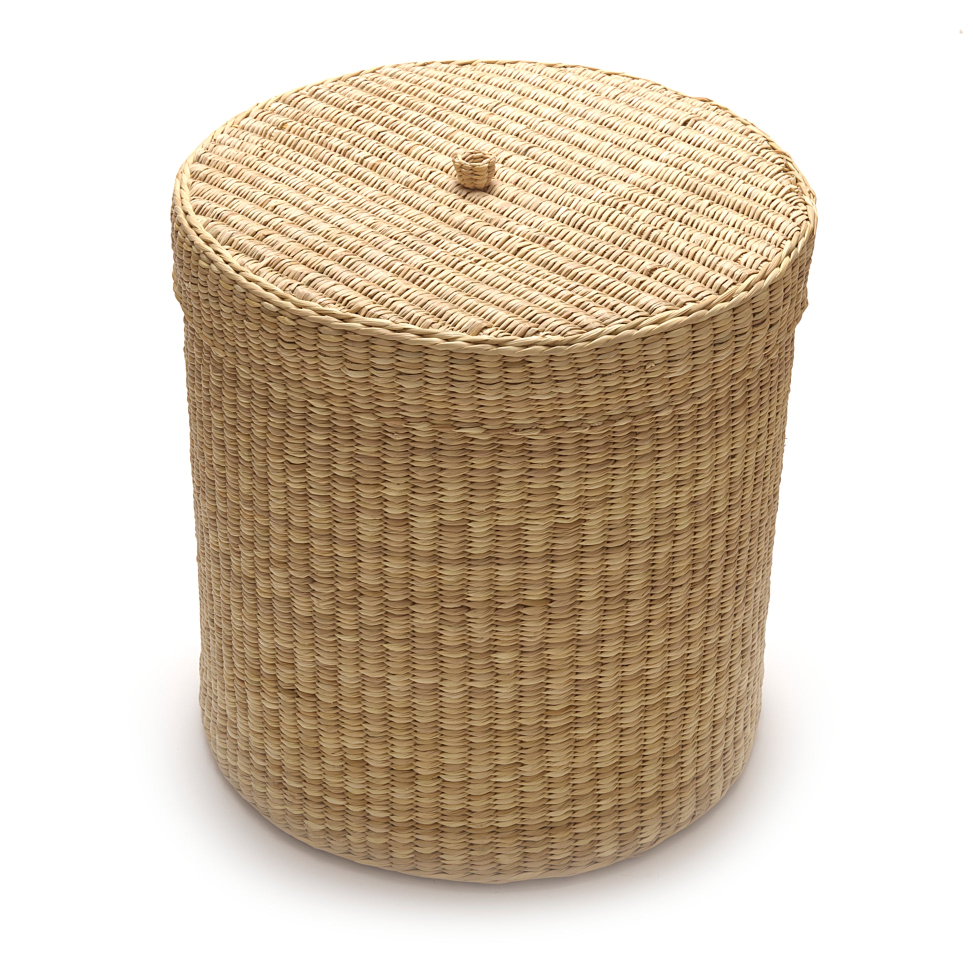 Round woven ottoman on a white background