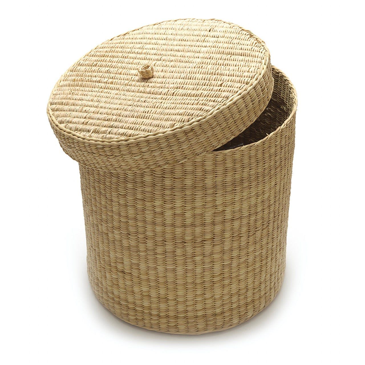 Woven basket with a lid on a white background