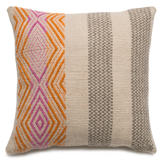 sacred valley throw pillow handloom woven wool frazada pillow peruvian magenta pink neutral grey taupe color pop