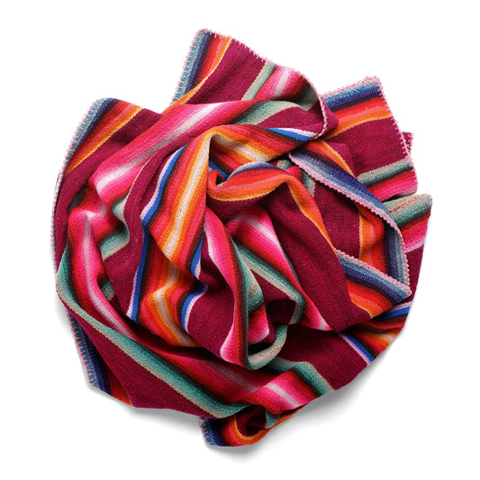 Intiearth vintage Peruvian Frazada textile with colorful geometric patterns and stripes. Traditional handwoven multipurpose textile from Peru, ideal for home décor, can be used as a blanket, rug, throw, or wall hanging. Made of handspun wool and crafted on a backstrap loom.