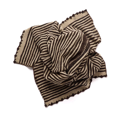 A folded striped knit scarf with scalloped edges, featuring alternating stripes of dark brown and warm beige, displayed on a clean white background.