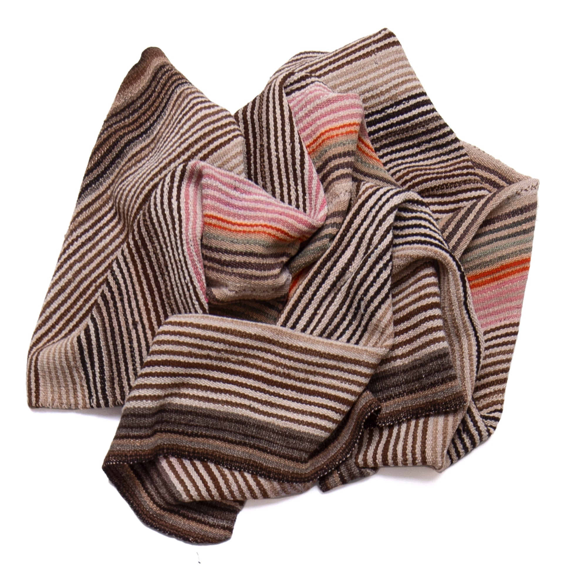 Striped scarf with brown, beige, and pink pattern on a white background