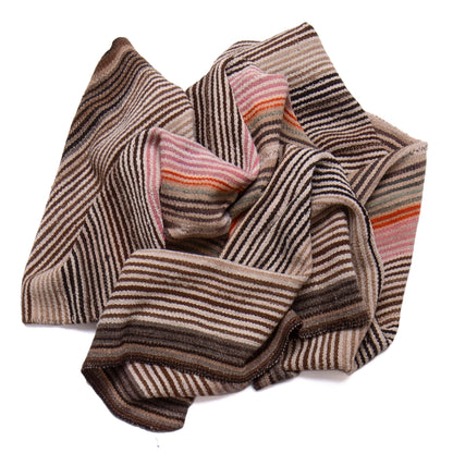 Striped scarf with brown, beige, and pink pattern on a white background