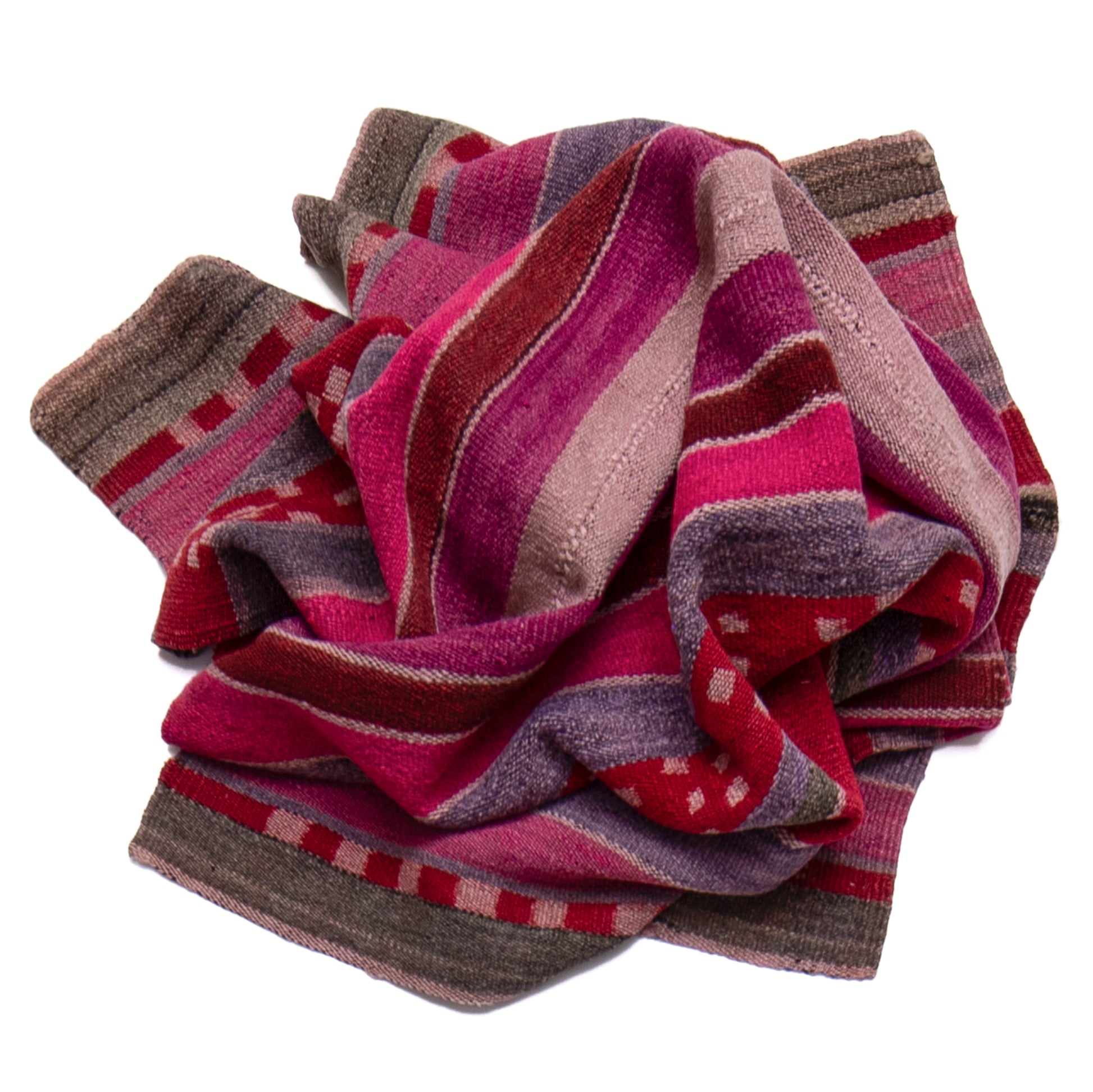 Folded striped sock with red, purple, and brown colors on a white background