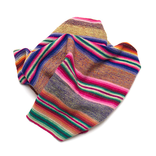 Vintage Peruvian Frazada textile with colorful geometric patterns and stripes. Traditional handwoven multipurpose textile from Peru, ideal for home décor, blankets, or throws, or rug.