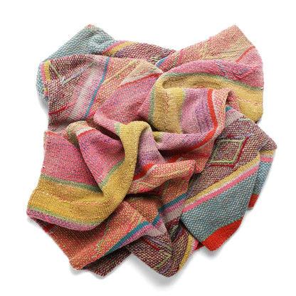 Intiearth vintage Peruvian Frazada textile with colorful geometric patterns and stripes. Traditional handwoven multipurpose textile from Peru, ideal for home décor, can be used as a blanket, rug, throw, or wall hanging. Made of handspun wool and crafted on a backstrap loom.