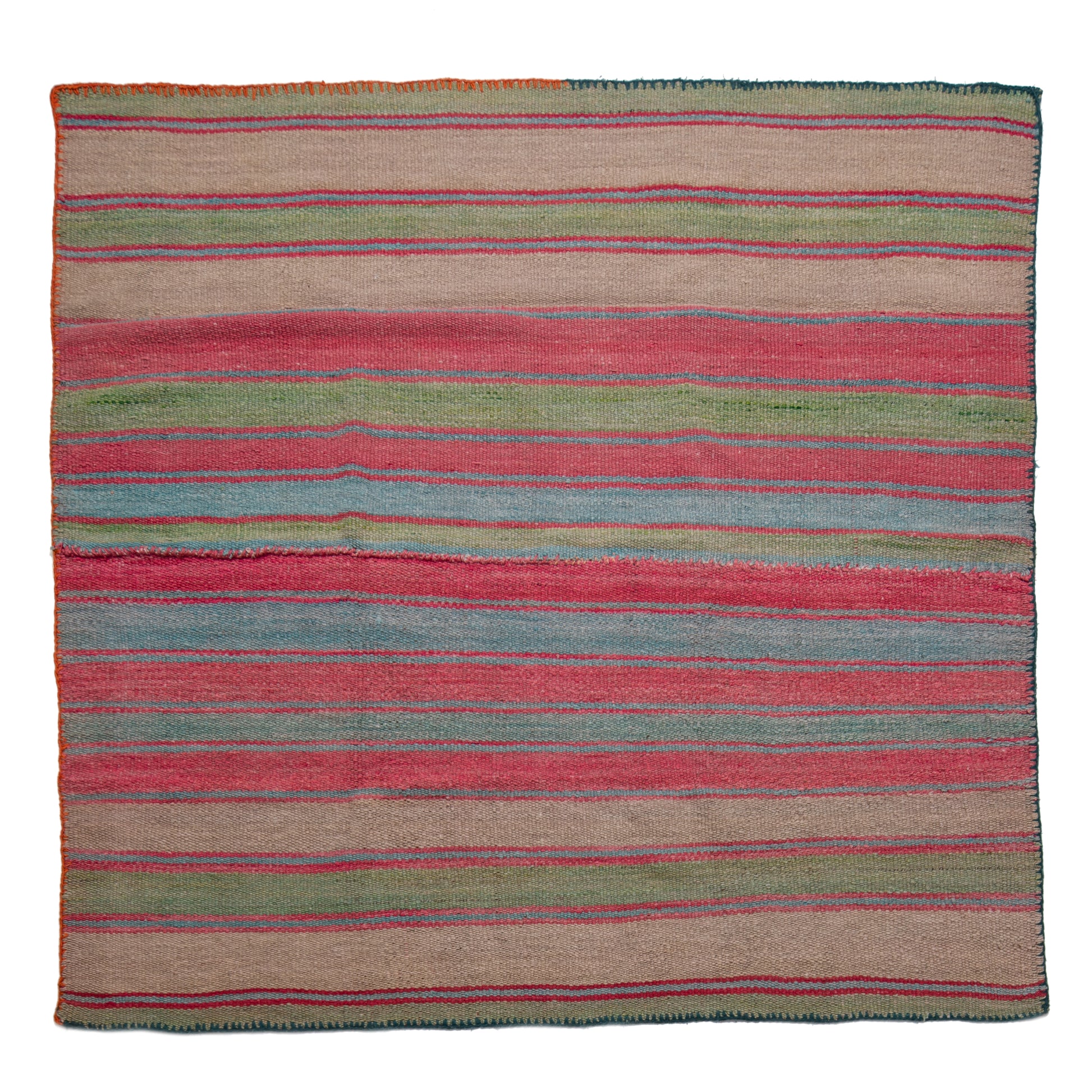Striped rug with red, green, and blue horizontal lines on a white background