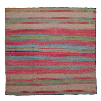 Striped rug with red, green, and blue horizontal lines on a white background