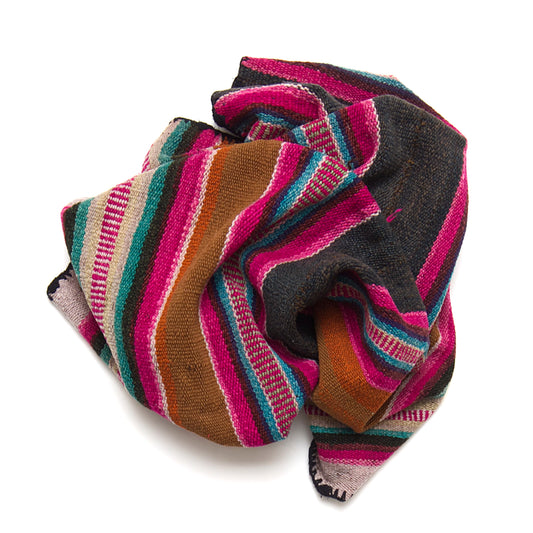 Vintage Peruvian Frazada textile with colorful geometric patterns and stripes. Traditional handwoven multipurpose textile from Peru, ideal for home décor, blankets, or throws, or rug.