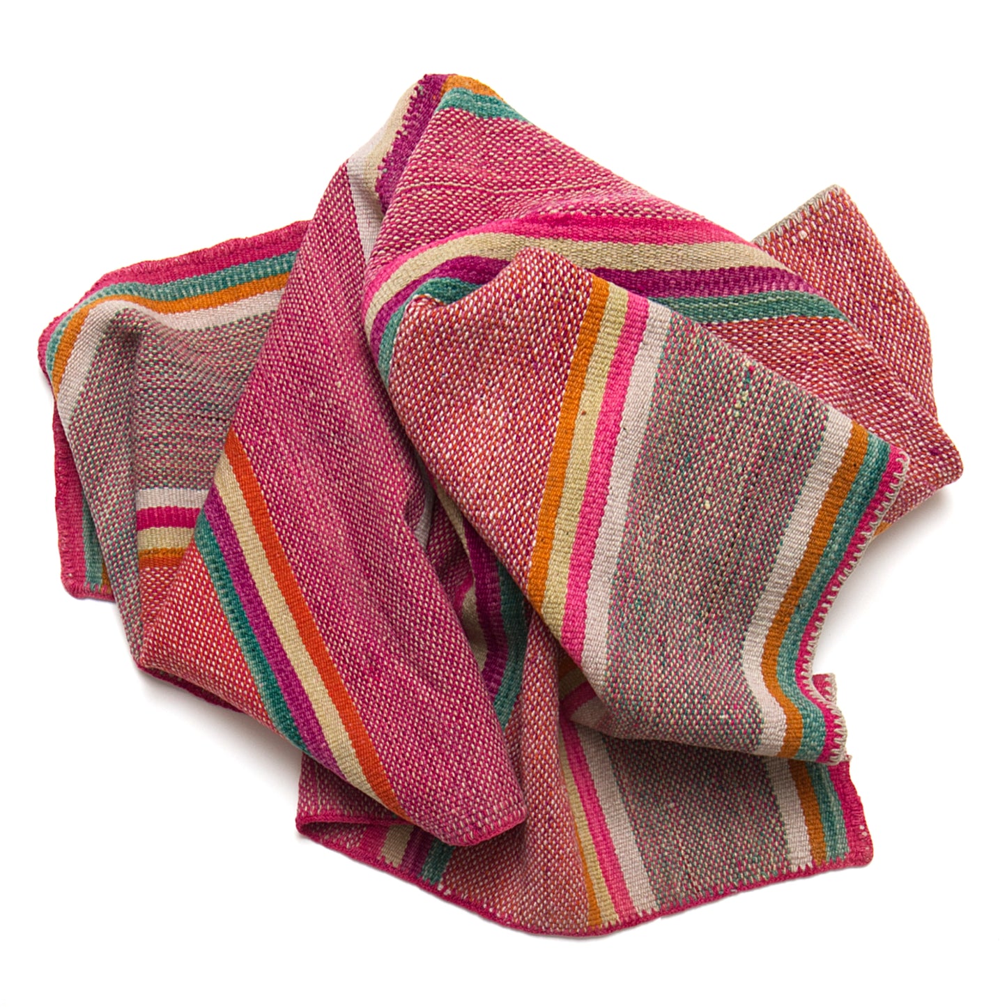 Vintage Peruvian Frazada textile with colorful geometric patterns and stripes. Traditional handwoven multipurpose textile from Peru, ideal for home décor, blankets, or throws, or rug.