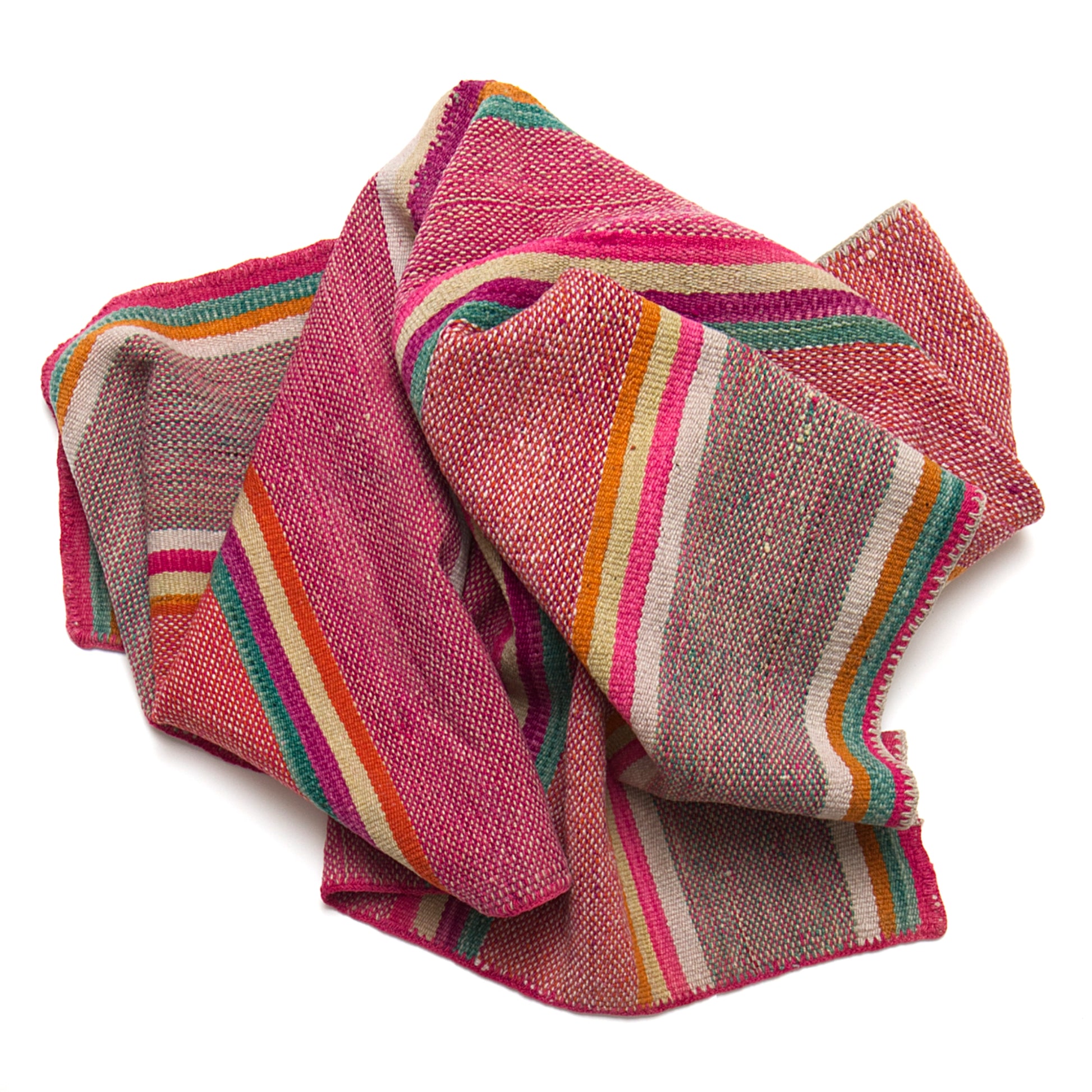 Vintage Peruvian Frazada textile with colorful geometric patterns and stripes. Traditional handwoven multipurpose textile from Peru, ideal for home décor, blankets, or throws, or rug.