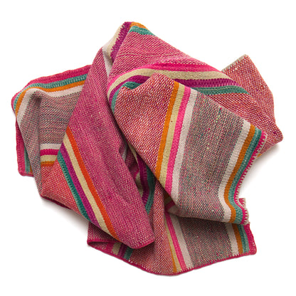 Vintage Peruvian Frazada textile with colorful geometric patterns and stripes. Traditional handwoven multipurpose textile from Peru, ideal for home décor, blankets, or throws, or rug.