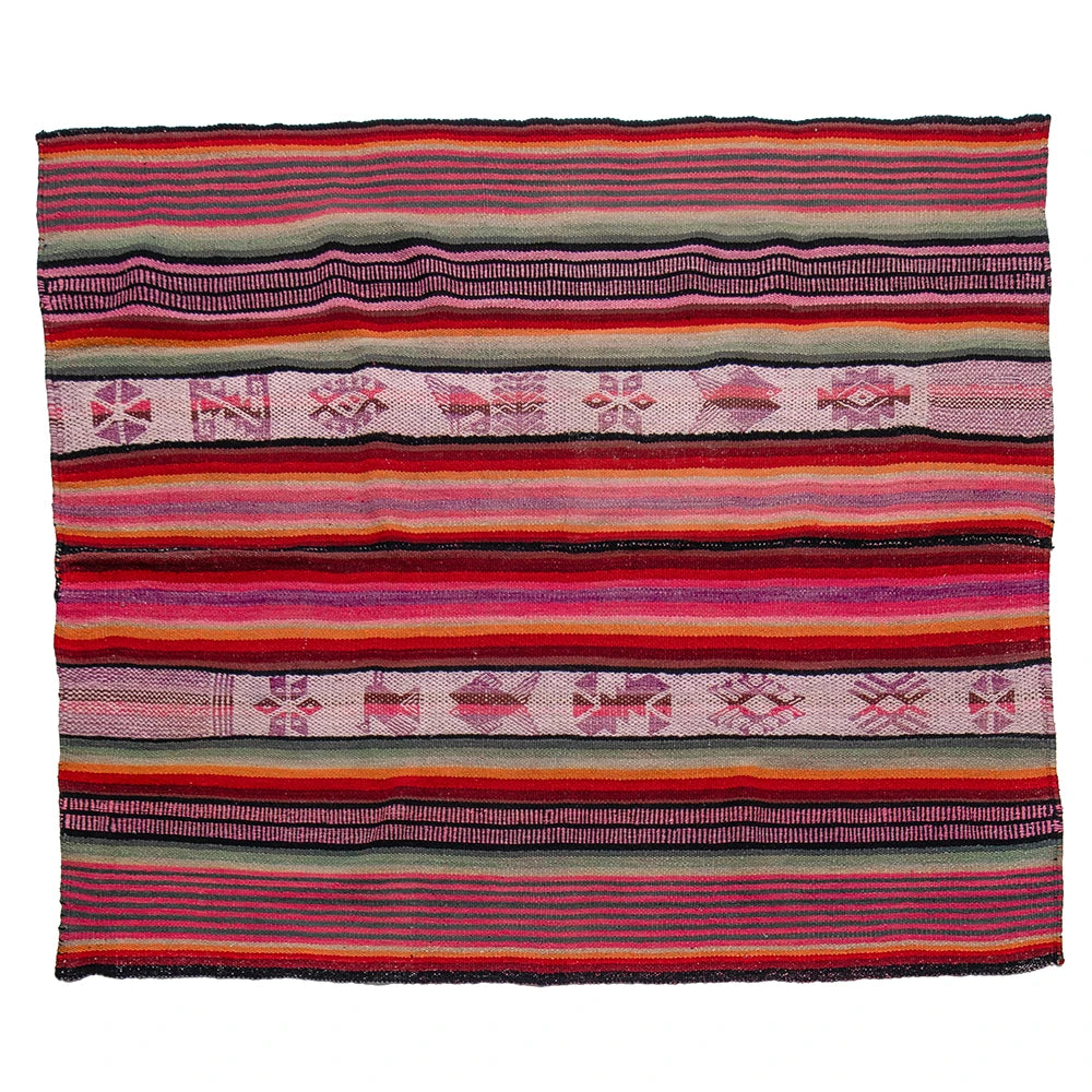 A square woven textile with horizontal multicolor stripes and geometric motifs, photographed flat against a plain white background.