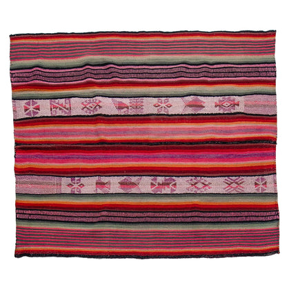 A square woven textile with horizontal multicolor stripes and geometric motifs, photographed flat against a plain white background.