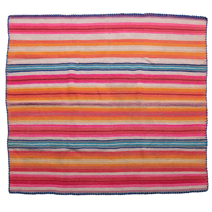 Multicolored striped fabric with pink, orange, blue, and purple hues on a white background.