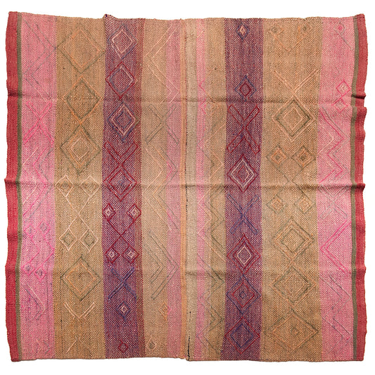 Intiearth vintage Peruvian Frazada textile with colorful geometric patterns and stripes. Traditional handwoven multipurpose textile from Peru, ideal for home décor, can be used as a blanket, rug, throw, or wall hanging. Made of handspun wool and crafted on a backstrap loom.