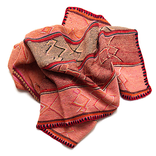 Intiearth vintage Peruvian Frazada textile with colorful geometric patterns and stripes. Traditional handwoven multipurpose textile from Peru, ideal for home décor, can be used as a blanket, rug, throw, or wall hanging. Made of handspun wool and crafted on a backstrap loom.