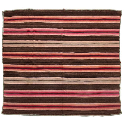 Intiearth vintage Peruvian Frazada textile with colorful geometric patterns and stripes. Traditional handwoven multipurpose textile from Peru, ideal for home décor, can be used as a blanket, rug, throw, or wall hanging. Made of handspun wool and crafted on a backstrap loom.