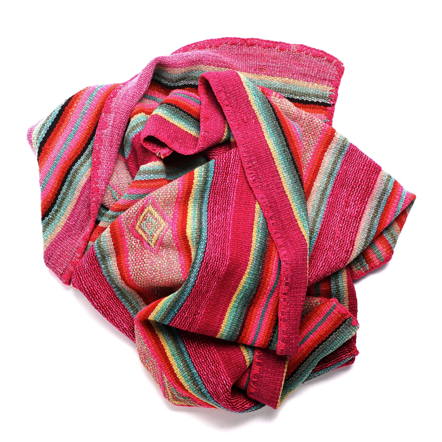 Intiearth vintage Peruvian Frazada textile with colorful geometric patterns and stripes. Traditional handwoven multipurpose textile from Peru, ideal for home décor, can be used as a blanket, rug, throw, or wall hanging. Made of handspun wool and crafted on a backstrap loom.