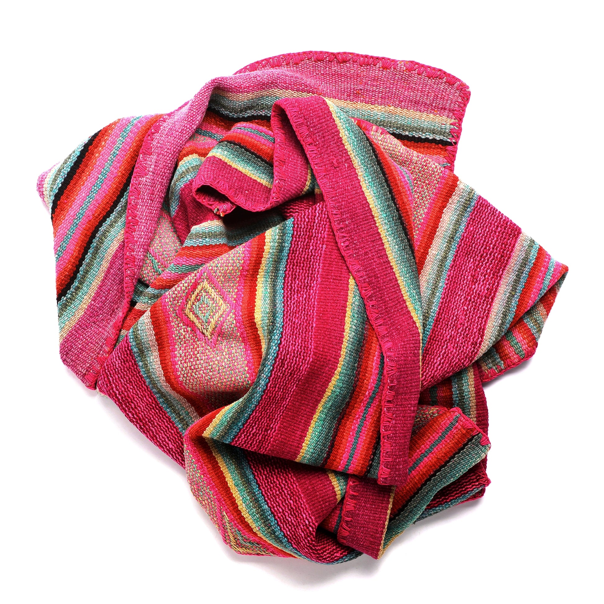 Intiearth vintage Peruvian Frazada textile with colorful geometric patterns and stripes. Traditional handwoven multipurpose textile from Peru, ideal for home décor, can be used as a blanket, rug, throw, or wall hanging. Made of handspun wool and crafted on a backstrap loom.