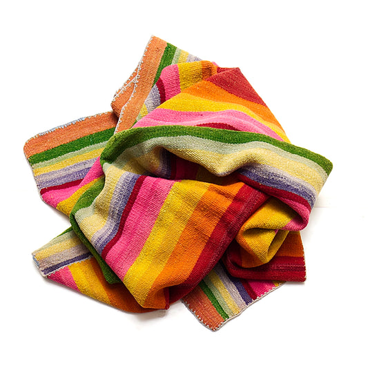 Intiearth vintage Peruvian Frazada textile with colorful geometric patterns and stripes. Traditional handwoven multipurpose textile from Peru, ideal for home décor, can be used as a blanket, rug, throw, or wall hanging. Made of handspun wool and crafted on a backstrap loom.