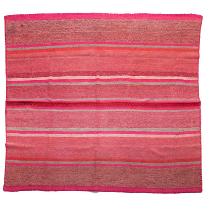 Intiearth vintage Peruvian Frazada textile with colorful geometric patterns and stripes. Traditional handwoven multipurpose textile from Peru, ideal for home décor, can be used as a blanket, rug, throw, or wall hanging. Made of handspun wool and crafted on a backstrap loom.