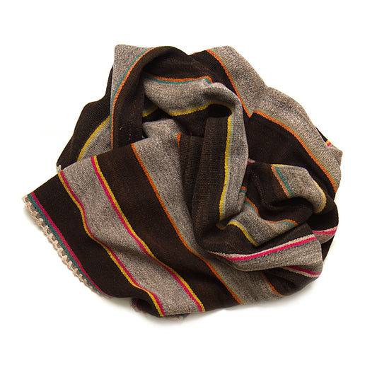 Intiearth vintage Peruvian Frazada textile with colorful geometric patterns and stripes. Traditional handwoven multipurpose textile from Peru, ideal for home décor, can be used as a blanket, rug, throw, or wall hanging. Made of handspun wool and crafted on a backstrap loom.