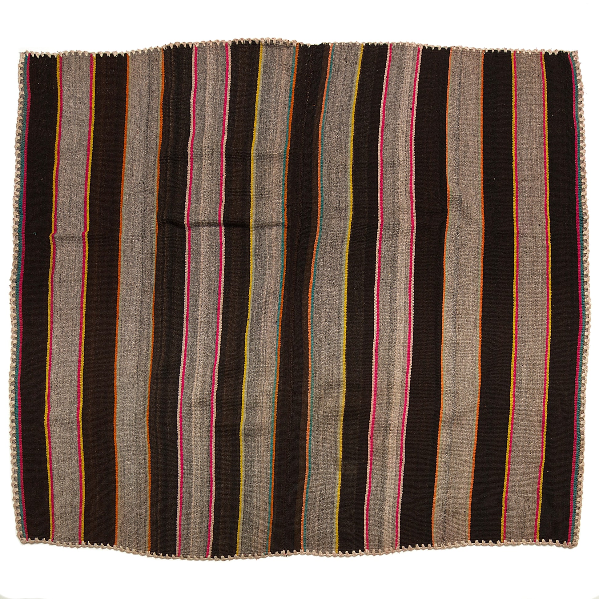 Intiearth vintage Peruvian Frazada textile with colorful geometric patterns and stripes. Traditional handwoven multipurpose textile from Peru, ideal for home décor, can be used as a blanket, rug, throw, or wall hanging. Made of handspun wool and crafted on a backstrap loom.