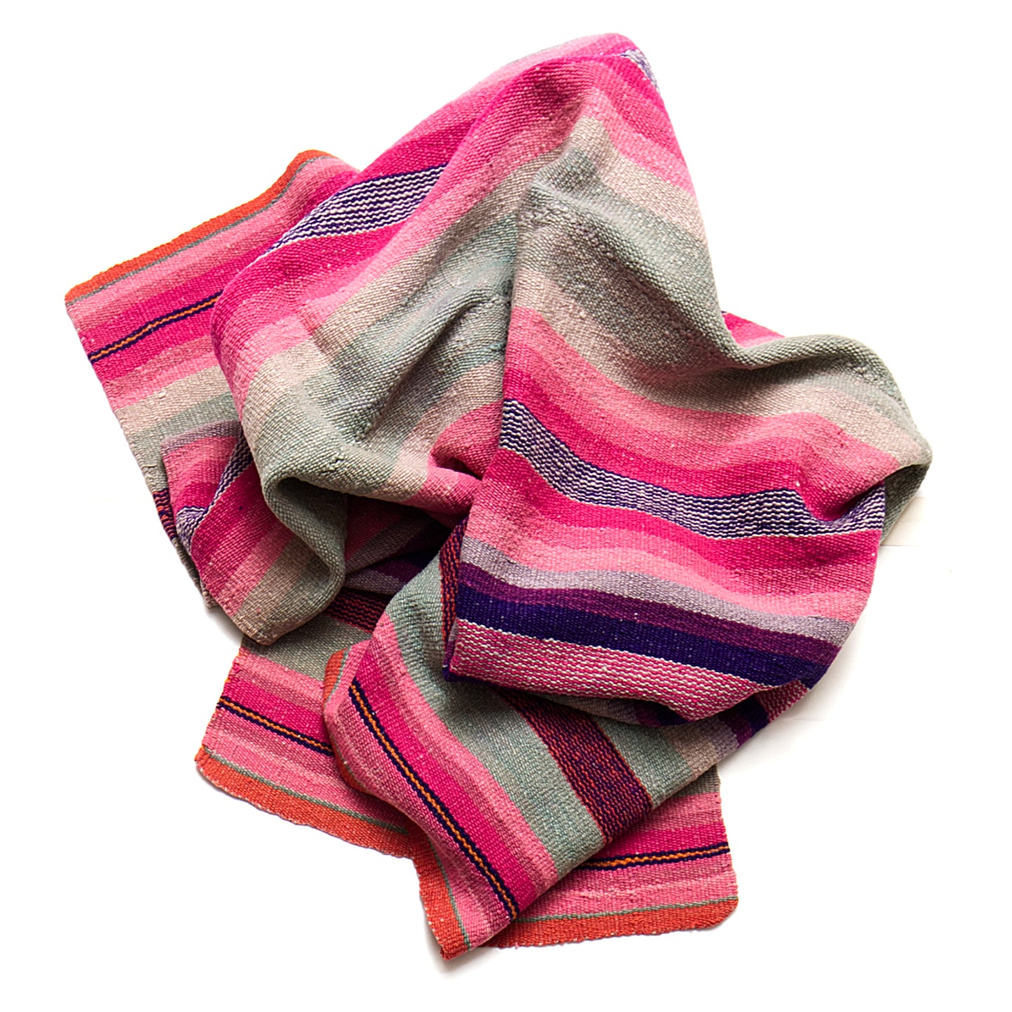 Intiearth vintage Peruvian Frazada textile with colorful geometric patterns and stripes. Traditional handwoven multipurpose textile from Peru, ideal for home décor, can be used as a blanket, rug, throw, or wall hanging. Made of handspun wool and crafted on a backstrap loom.