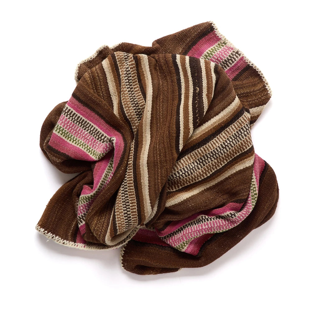 A folded striped woven textile, likely a blanket, throw, or scarf, featuring horizontal bands of brown, beige, pink, and dark brown on a white background.