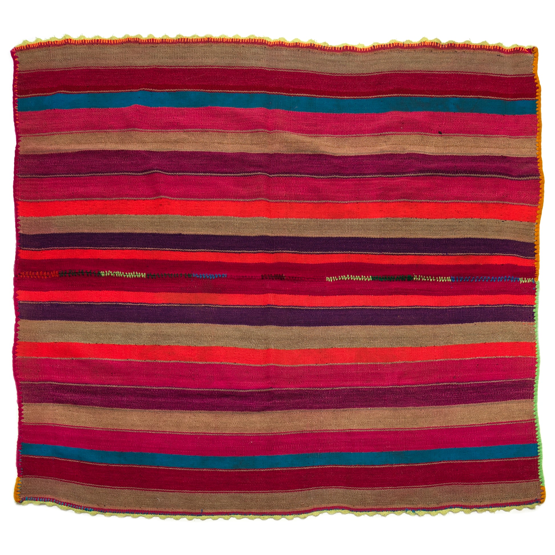 Intiearth vintage Peruvian Frazada textile with colorful geometric patterns and stripes. Traditional handwoven multipurpose textile from Peru, ideal for home décor, can be used as a blanket, rug, throw, or wall hanging. Made of handspun wool and crafted on a backstrap loom.