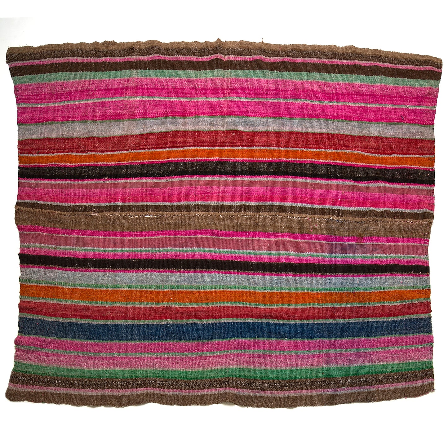 Intiearth vintage Peruvian Frazada textile with colorful geometric patterns and stripes. Traditional handwoven multipurpose textile from Peru, ideal for home décor, can be used as a blanket, rug, throw, or wall hanging. Made of handspun wool and crafted on a backstrap loom.