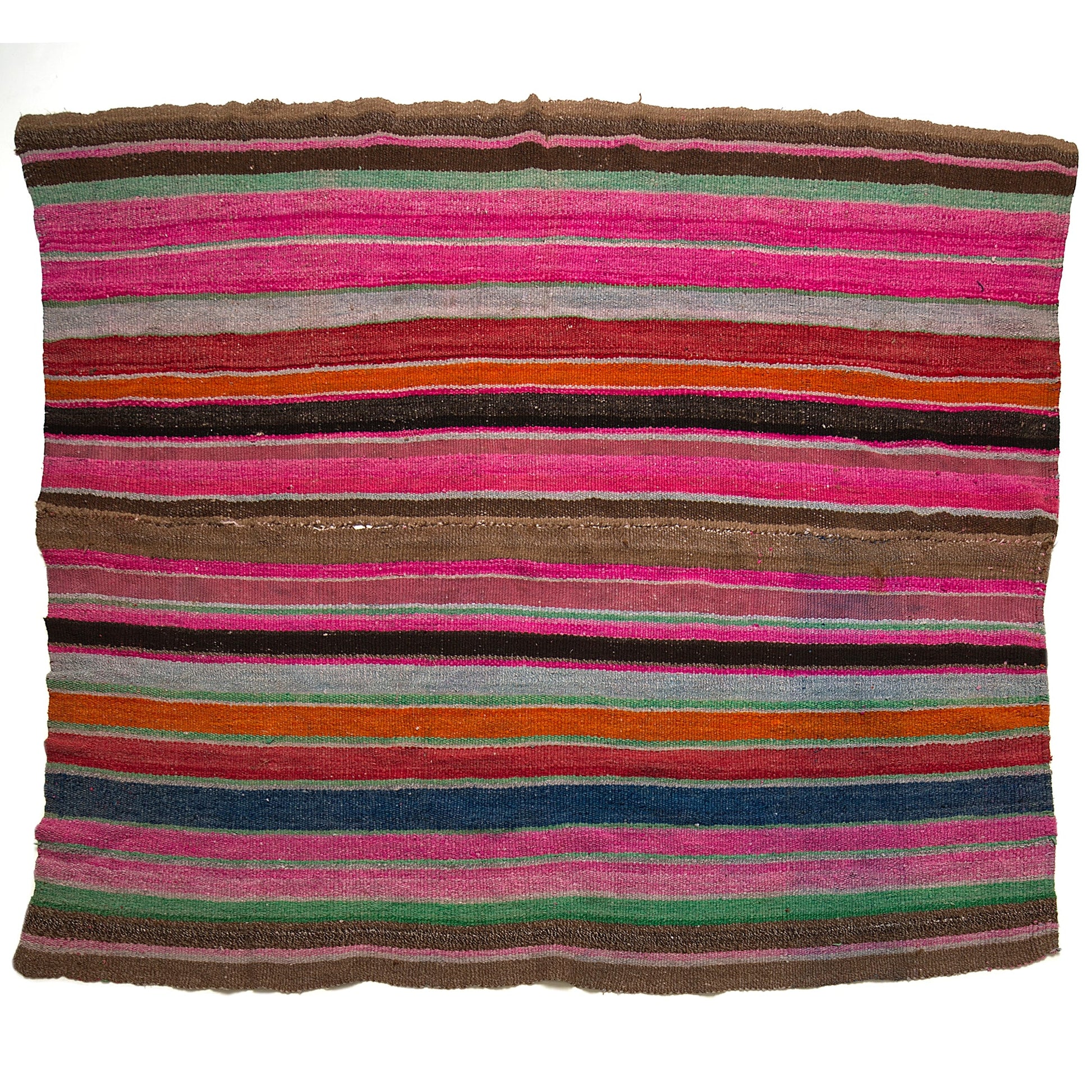 Intiearth vintage Peruvian Frazada textile with colorful geometric patterns and stripes. Traditional handwoven multipurpose textile from Peru, ideal for home décor, can be used as a blanket, rug, throw, or wall hanging. Made of handspun wool and crafted on a backstrap loom.