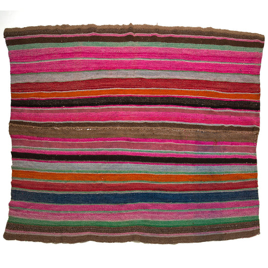 Intiearth vintage Peruvian Frazada textile with colorful geometric patterns and stripes. Traditional handwoven multipurpose textile from Peru, ideal for home décor, can be used as a blanket, rug, throw, or wall hanging. Made of handspun wool and crafted on a backstrap loom.