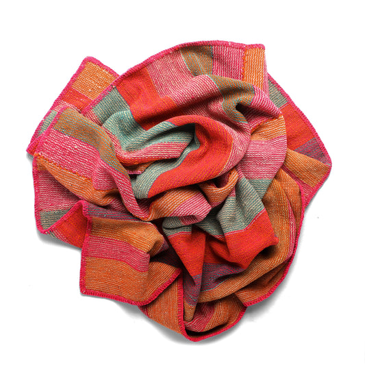 Intiearth vintage Peruvian Frazada textile with colorful geometric patterns and stripes. Traditional handwoven multipurpose textile from Peru, ideal for home décor, can be used as a blanket, rug, throw, or wall hanging. Made of handspun wool and crafted on a backstrap loom.