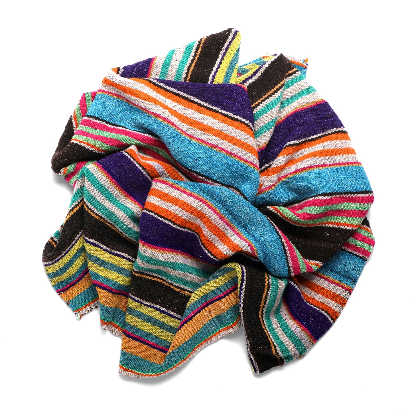 Intiearth vintage Peruvian Frazada textile with colorful geometric patterns and stripes. Traditional handwoven multipurpose textile from Peru, ideal for home décor, can be used as a blanket, rug, throw, or wall hanging. Made of handspun wool and crafted on a backstrap loom.