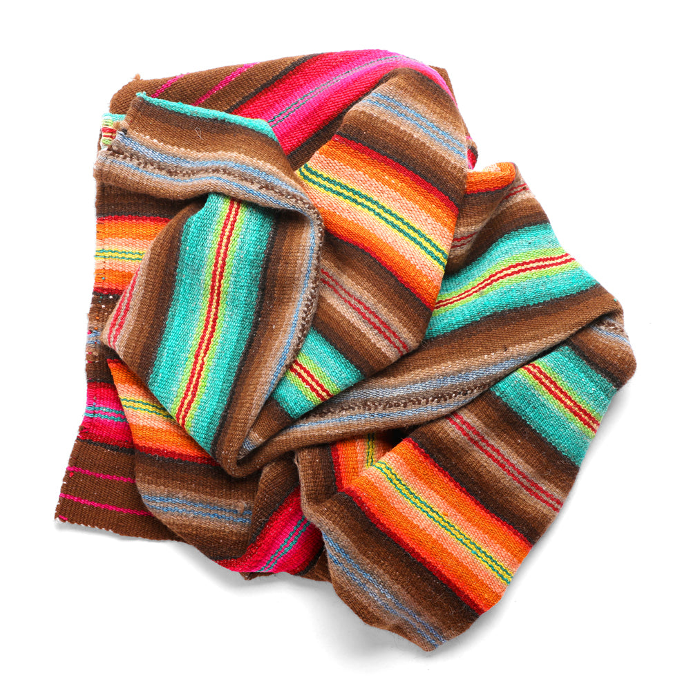 Intiearth vintage Peruvian Frazada textile with colorful geometric patterns and stripes. Traditional handwoven multipurpose textile from Peru, ideal for home décor, can be used as a blanket, rug, throw, or wall hanging. Made of handspun wool and crafted on a backstrap loom.