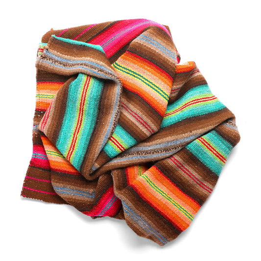 Intiearth vintage Peruvian Frazada textile with colorful geometric patterns and stripes. Traditional handwoven multipurpose textile from Peru, ideal for home décor, can be used as a blanket, rug, throw, or wall hanging. Made of handspun wool and crafted on a backstrap loom.