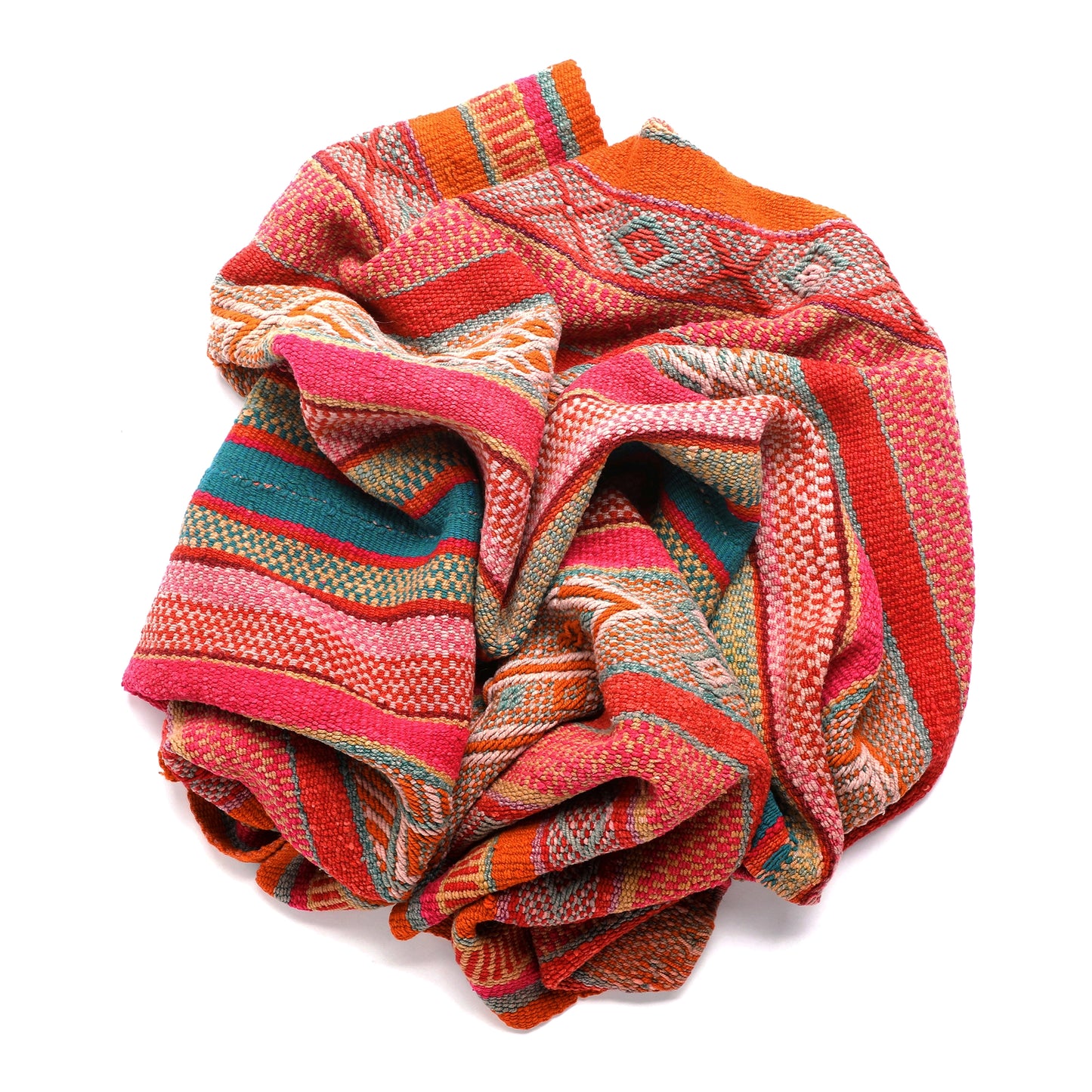 Intiearth vintage Peruvian Frazada textile with colorful geometric patterns and stripes. Traditional handwoven multipurpose textile from Peru, ideal for home décor, can be used as a blanket, rug, throw, or wall hanging. Made of handspun wool and crafted on a backstrap loom.