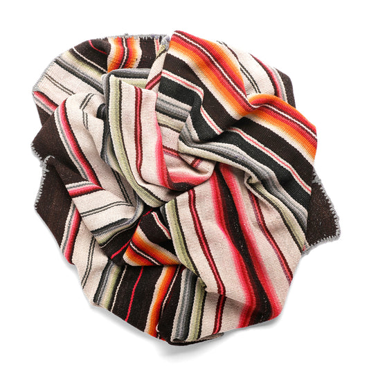 Intiearth vintage Peruvian Frazada textile with colorful geometric patterns and stripes. Traditional handwoven multipurpose textile from Peru, ideal for home décor, can be used as a blanket, rug, throw, or wall hanging. Made of handspun wool and crafted on a backstrap loom.