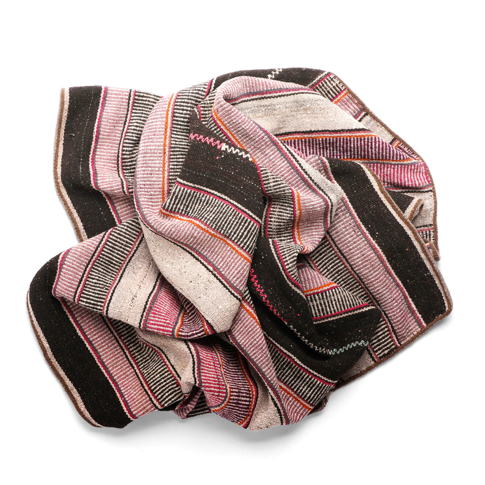 Intiearth vintage Peruvian Frazada textile with colorful geometric patterns and stripes. Traditional handwoven multipurpose textile from Peru, ideal for home décor, can be used as a blanket, rug, throw, or wall hanging. Made of handspun wool and crafted on a backstrap loom.