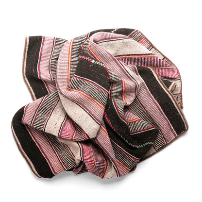 Intiearth vintage Peruvian Frazada textile with colorful geometric patterns and stripes. Traditional handwoven multipurpose textile from Peru, ideal for home décor, can be used as a blanket, rug, throw, or wall hanging. Made of handspun wool and crafted on a backstrap loom.